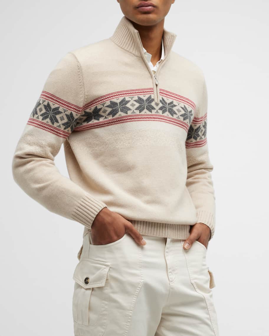 Brunello Cucinelli Men's Cashmere Fair Isle QuarterZip Sweater