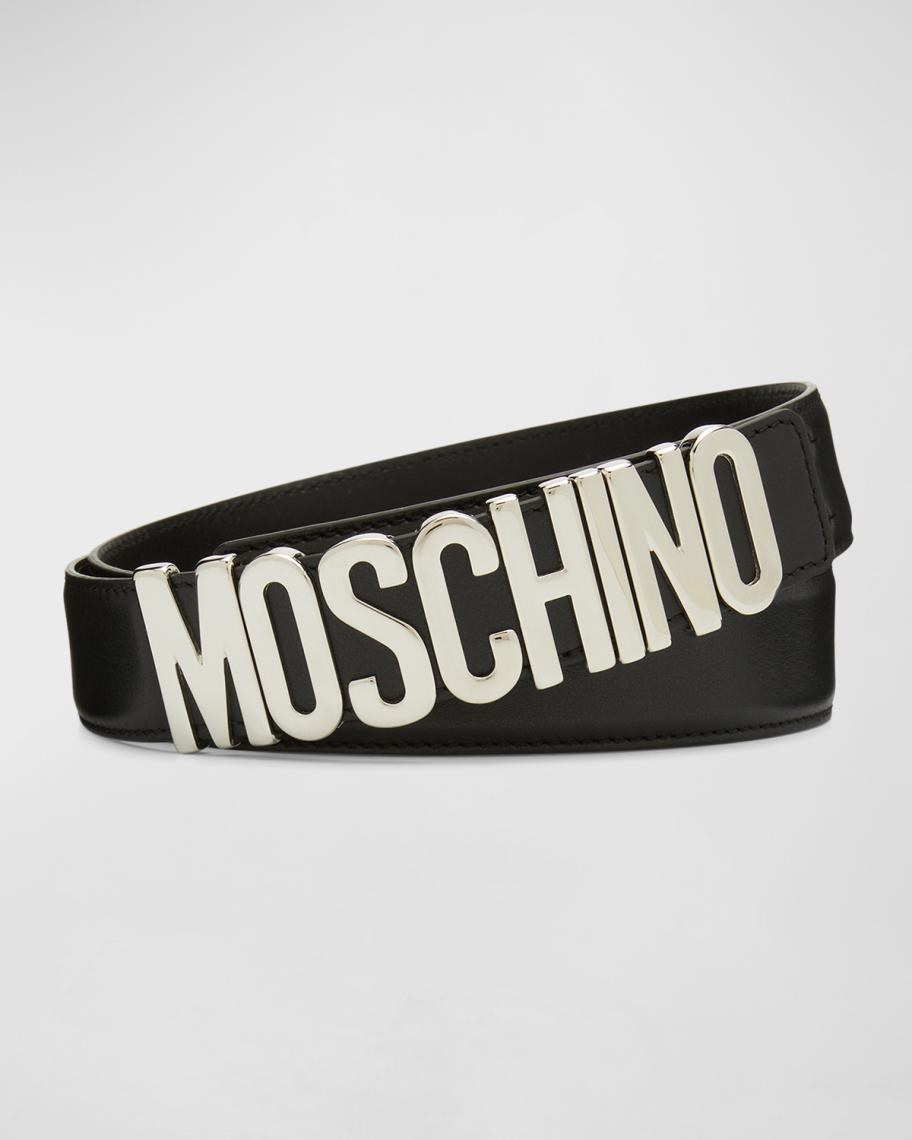 Moschino Men's Metal Logo Leather Belt | Neiman Marcus