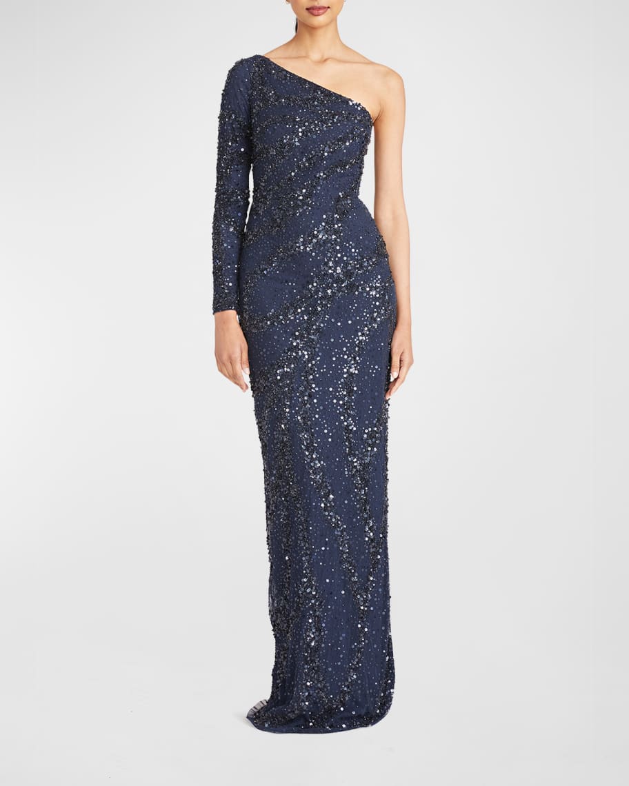 Theia Evangeline Beaded One-Shoulder Gown | Neiman Marcus