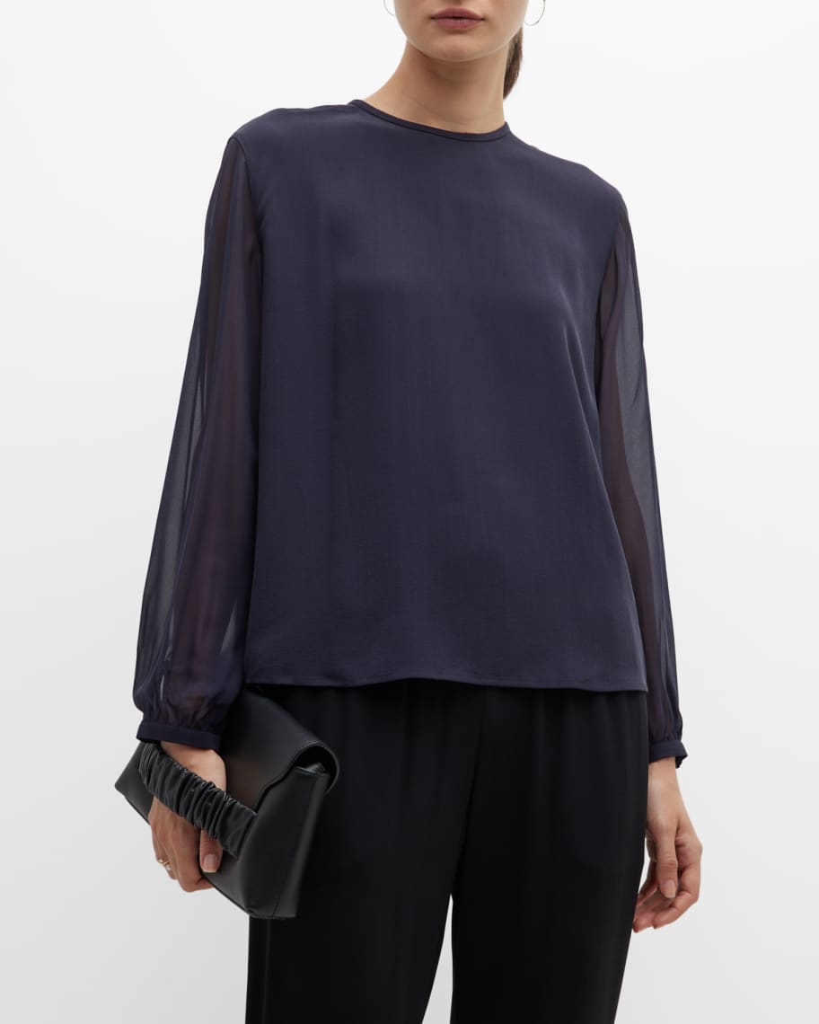 Eileen Fisher Sheer-Sleeve Silk Top | Neiman Marcus