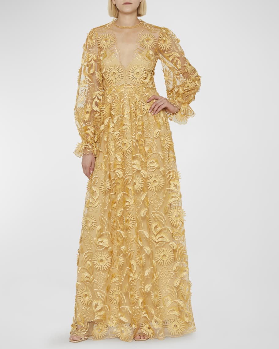 Alberta Ferretti Floral Embroidered Plunging Illusion Gown | Neiman Marcus