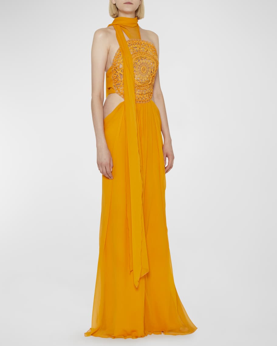 Halter Chiffon Gown Triangular Open Back Terracotta