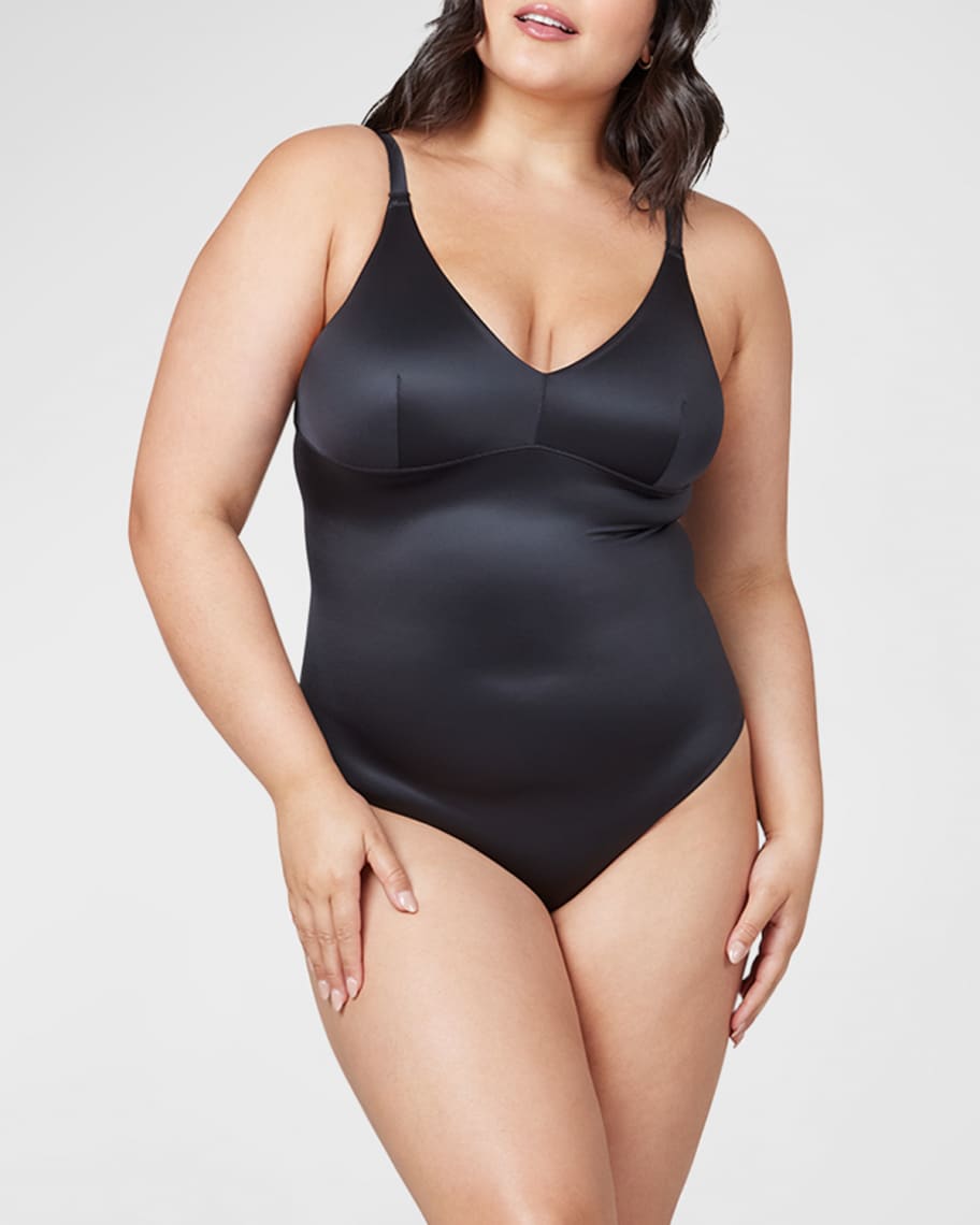 Spanx Satin Shaping Mesh Open-bust Mid-thigh Bodysuit in Black