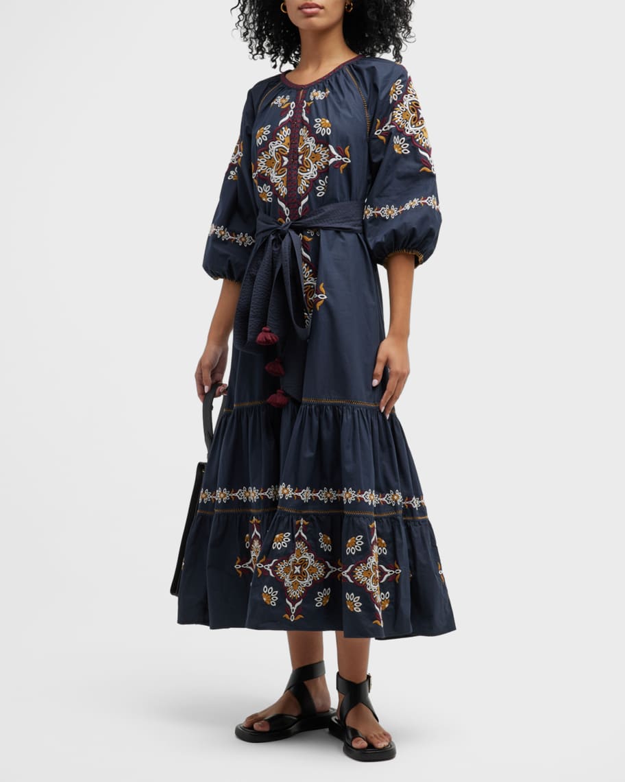 Figue Johanna Embroidered Puff-Sleeve Belted Maxi Dress | Neiman Marcus