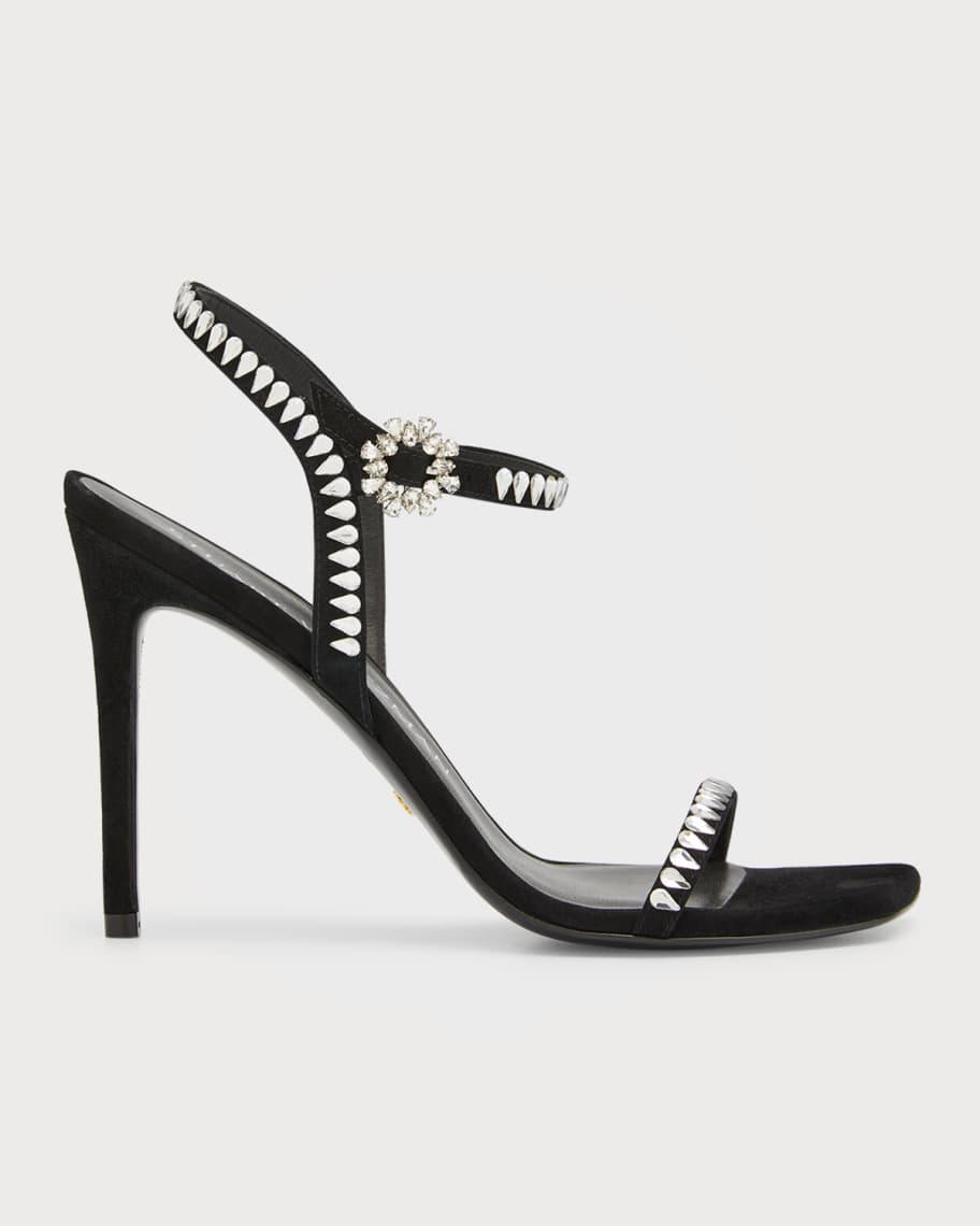 Stuart Weitzman Gemcut Crystal Suede Stiletto Sandals | Neiman Marcus