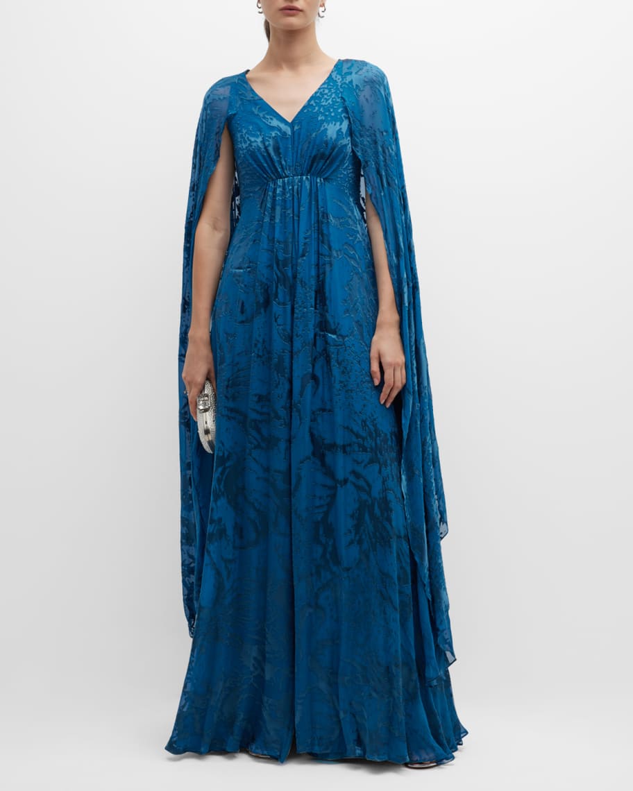 Rene Ruiz Collection Burnout Cape-Sleeve Silk Gown | Neiman Marcus