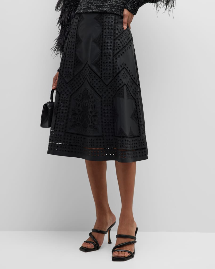 Kobi Halperin Adriane Embroidered Faux Leather Midi Skirt | Neiman Marcus