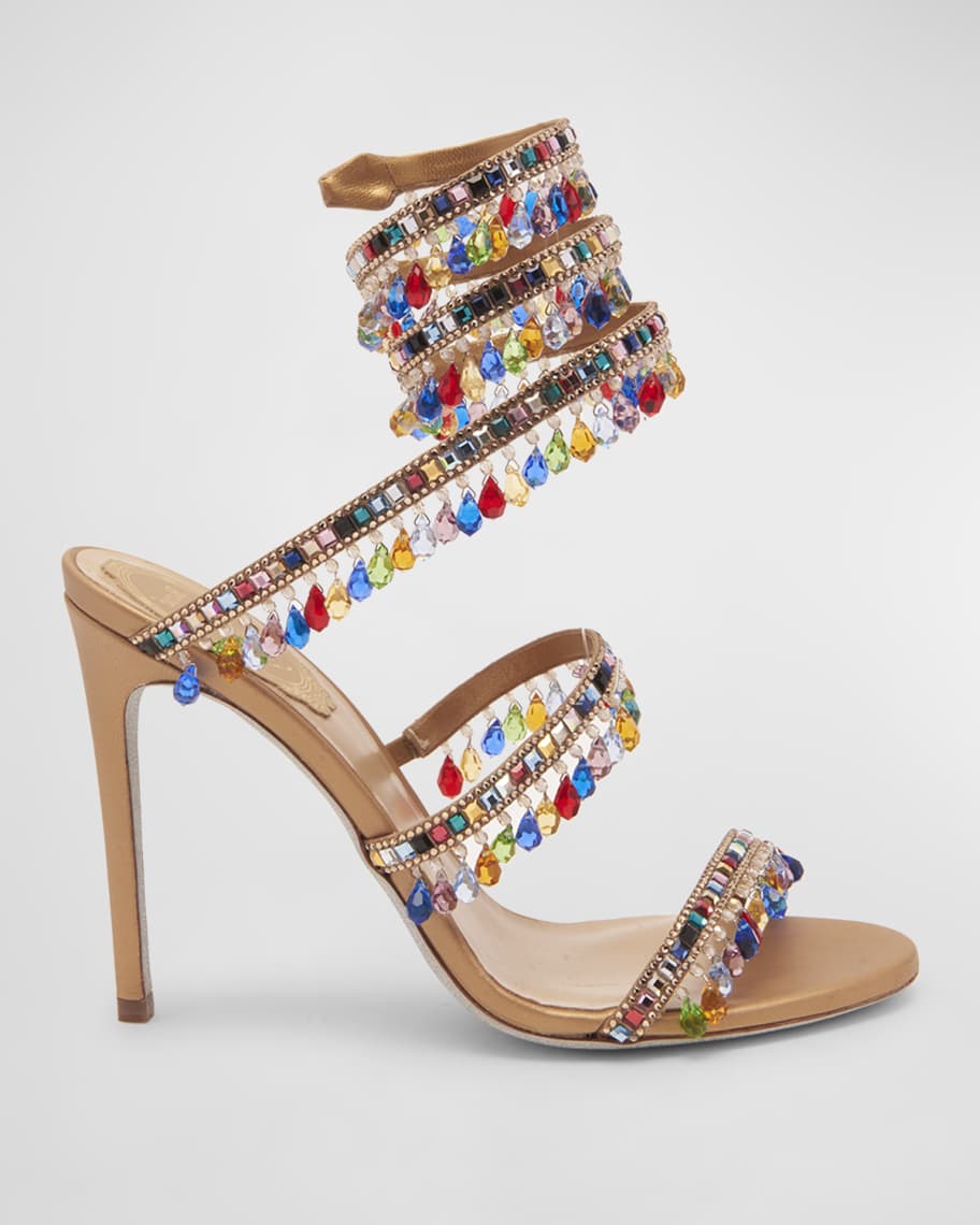 Rene Caovilla Multicolor Strass Snake-Wrap Stiletto Sandals | Neiman Marcus