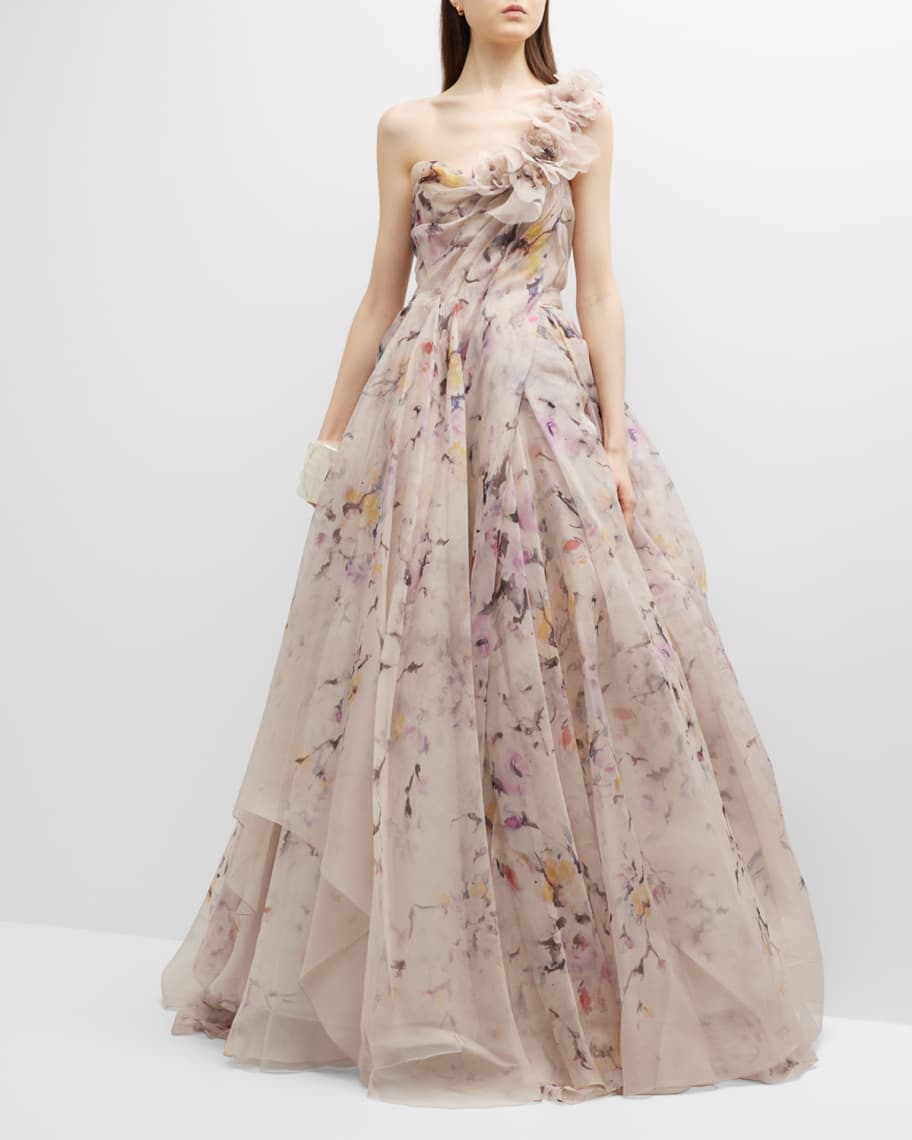 Marchesa Floral-Applique Illusion Chiffon Ball Gown | Neiman Marcus