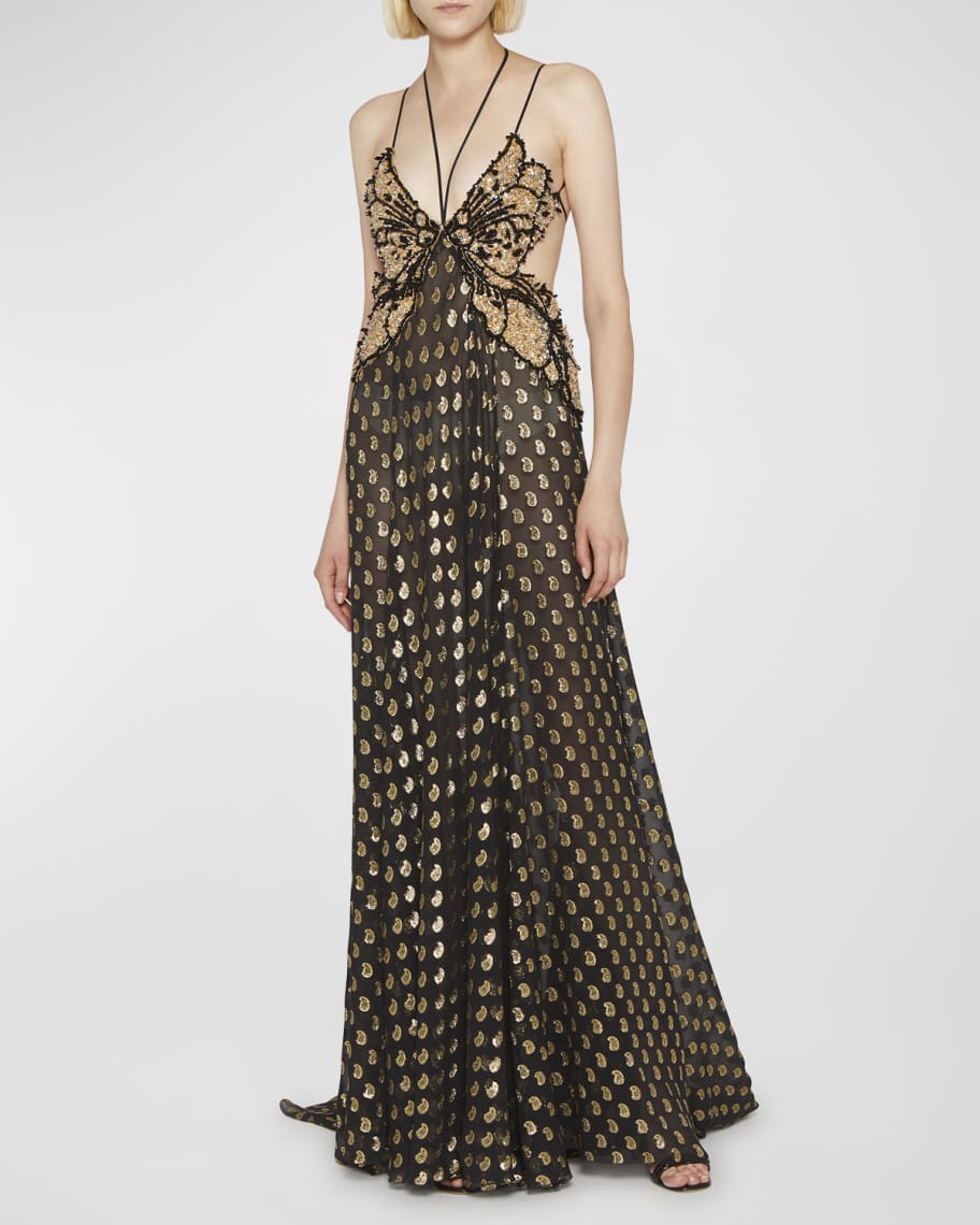 Etro Crystal Butterfly Bodice Paisley Fil Coupe Gown