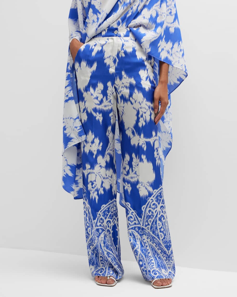 Etro Lapis Floral Paisley-Print Wide-Leg Silk Pants | Neiman Marcus