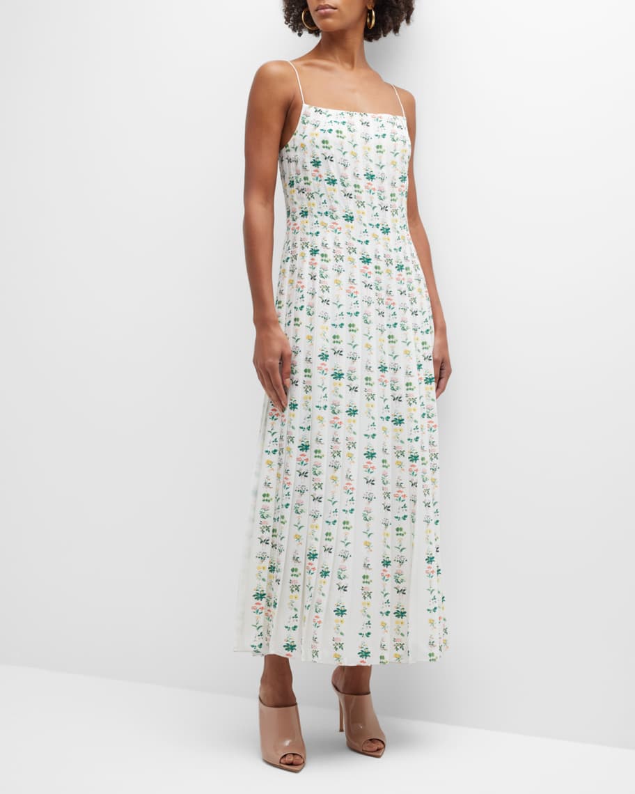 Adam Lippes Pleated Cami Dress w/ Floral Print | Neiman Marcus