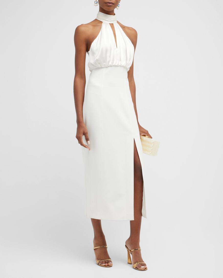 Elmhurst Satin Unique Print Chain Halter Draped Scarf Midi Dress