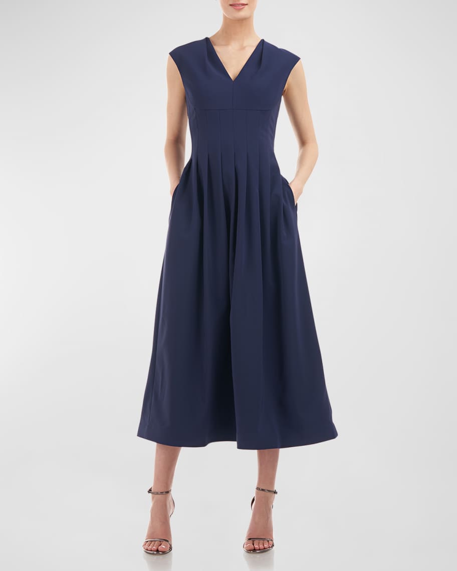 Kay Unger New York Pleated Cap-Sleeve Midi Dress | Neiman Marcus