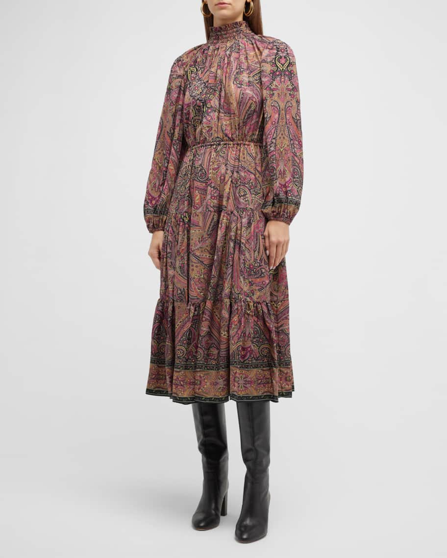 Kobi Halperin Lena Tiered Paisley-Print Midi Dress | Neiman Marcus