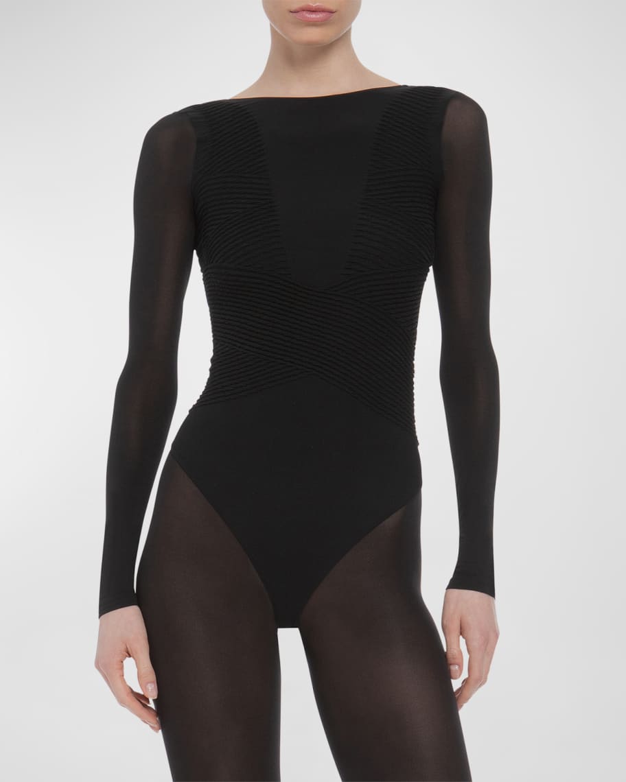 Wolford Pleated Shaping SheerSleeve Bodysuit Neiman Marcus