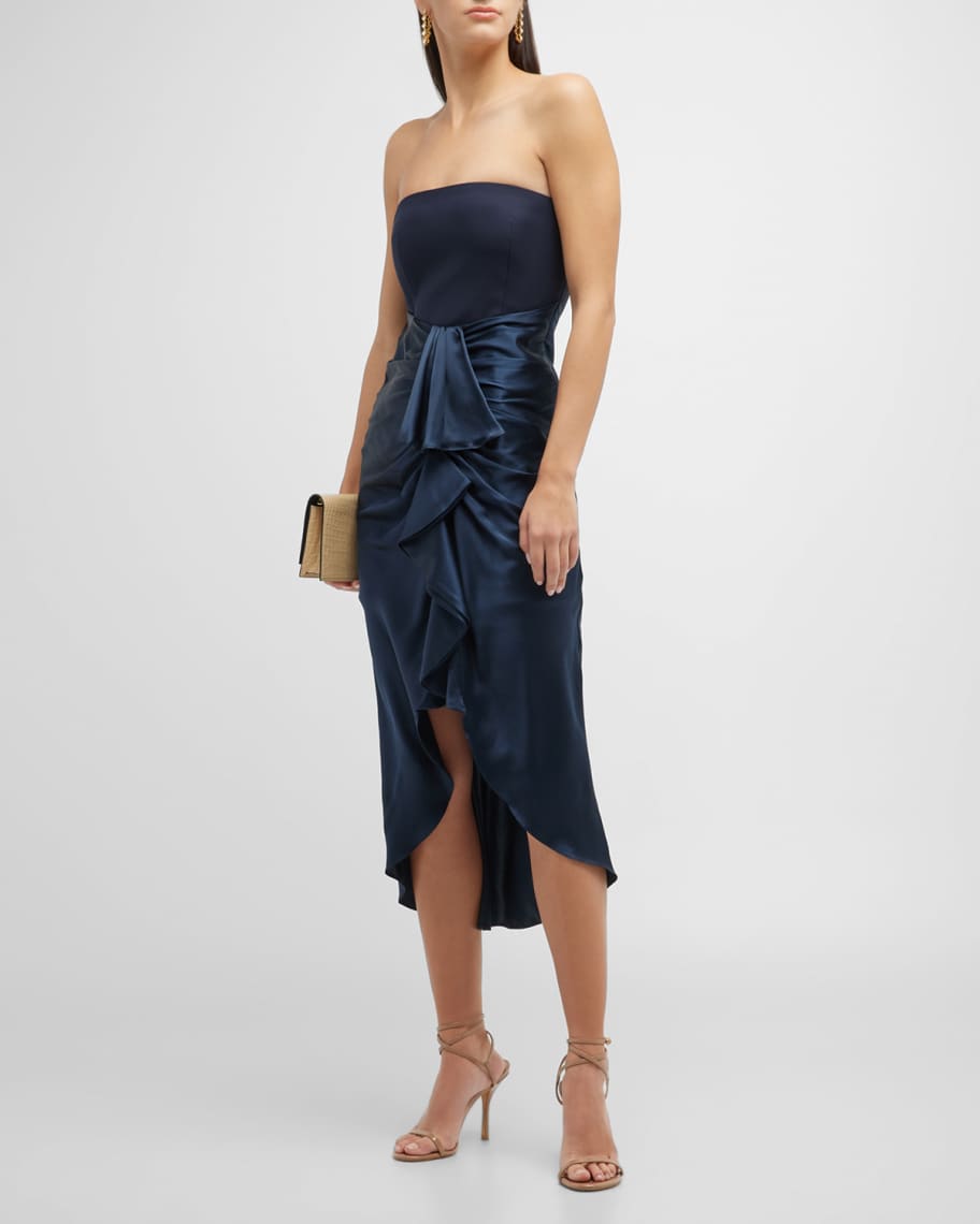Cinq a Sept Georgiana Strapless Draped Skirt Midi Dress Neiman