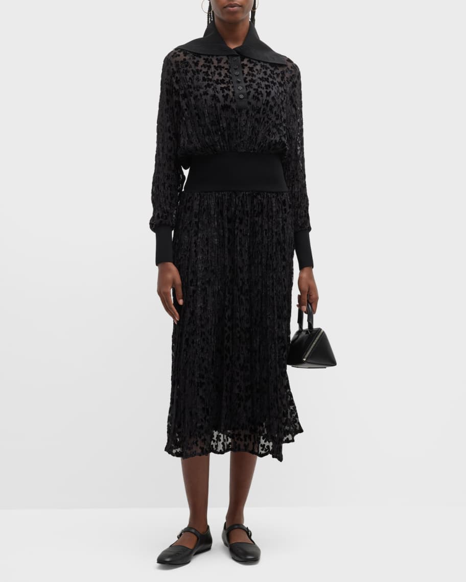 Tory Burch Long-Sleeve Velvet Devore Midi Dress | Neiman Marcus