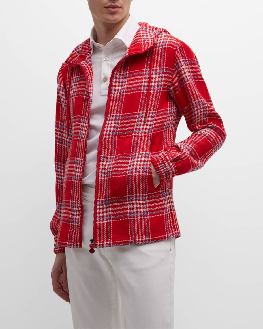 Kiton Men's Cashmere-Linen Plaid Hooded Jacket | Neiman Marcus