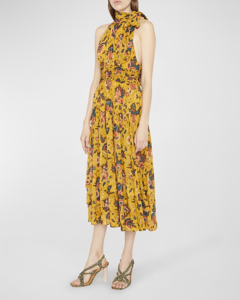 Ulla Johnson Maya Neck-Tie Midi Floral Silk Dress | Neiman Marcus