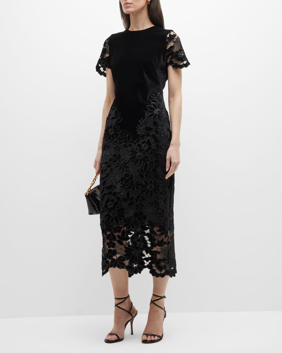 Shoshanna Velvet Lace Sheath Midi Dress | Neiman Marcus