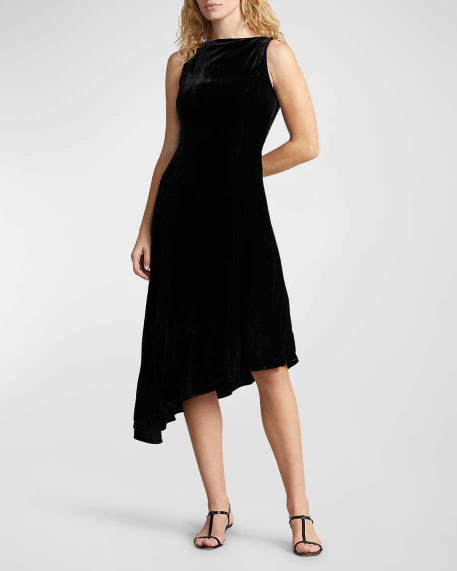 Polo Ralph Lauren Asymmetric Sleeveless Velvet Midi Dress | Neiman Marcus