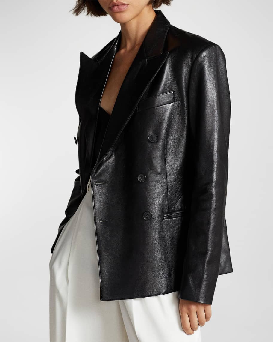 Polo Ralph Lauren Double-Breasted Lambskin Leather Blazer | Neiman Marcus