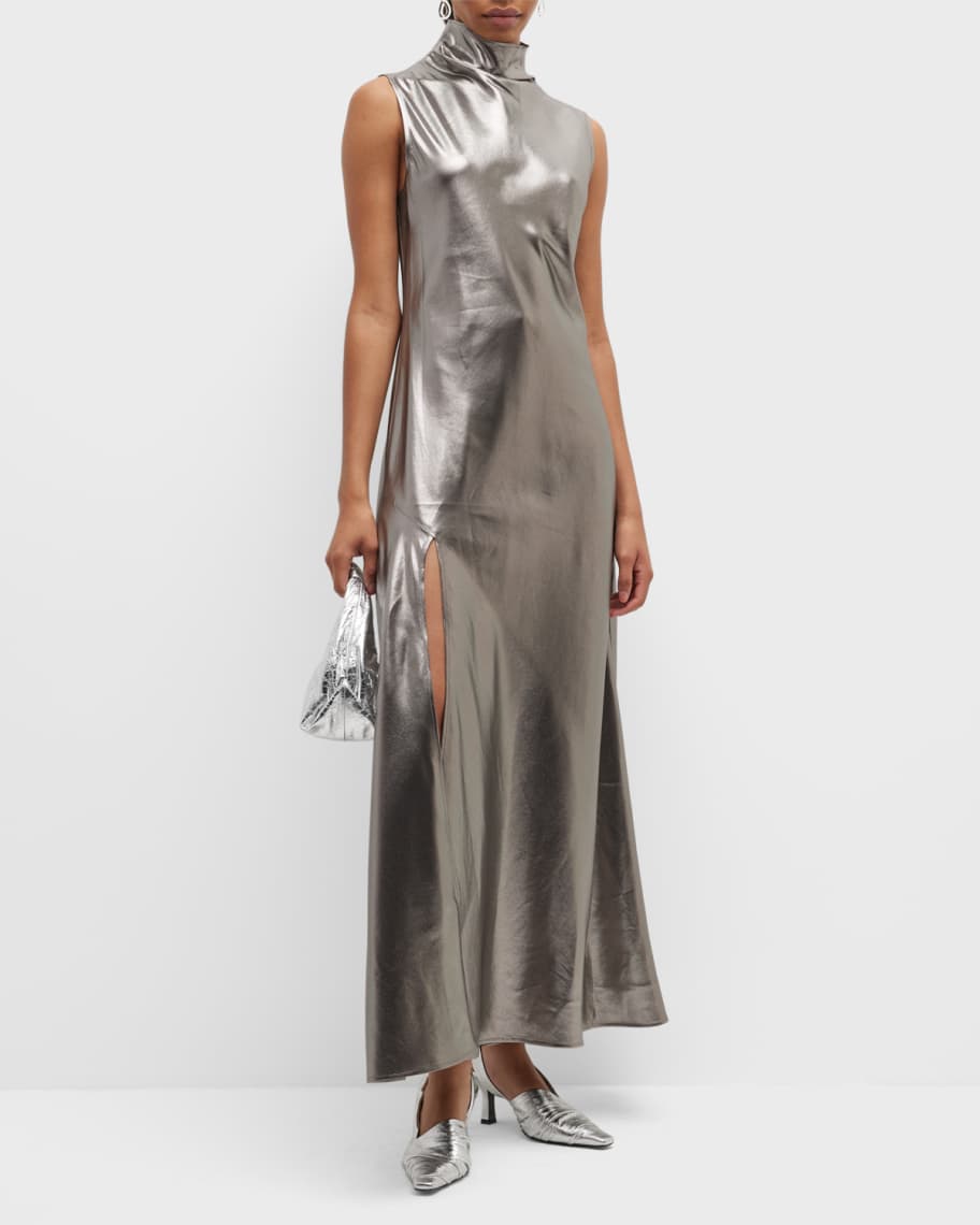 LAPOINTE Turtleneck Thigh-Slit Metallic Silk Maxi Dress | Neiman Marcus