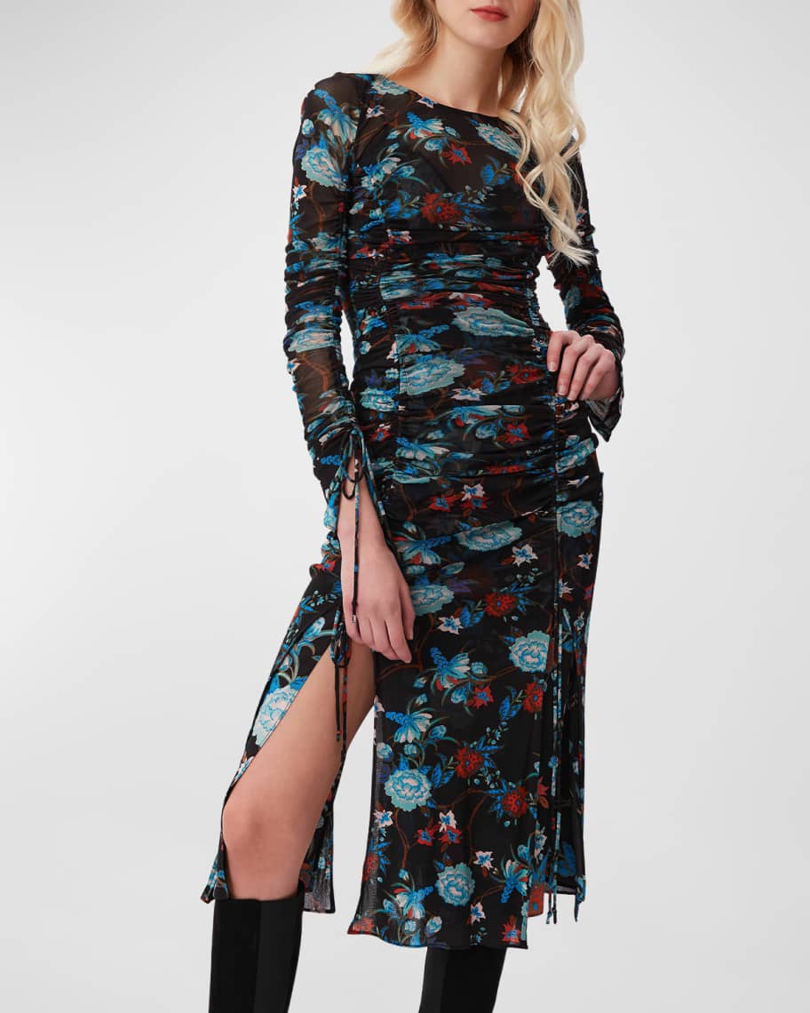 Diane von Furstenberg Corinne Ruched Floral-Print Mesh Midi