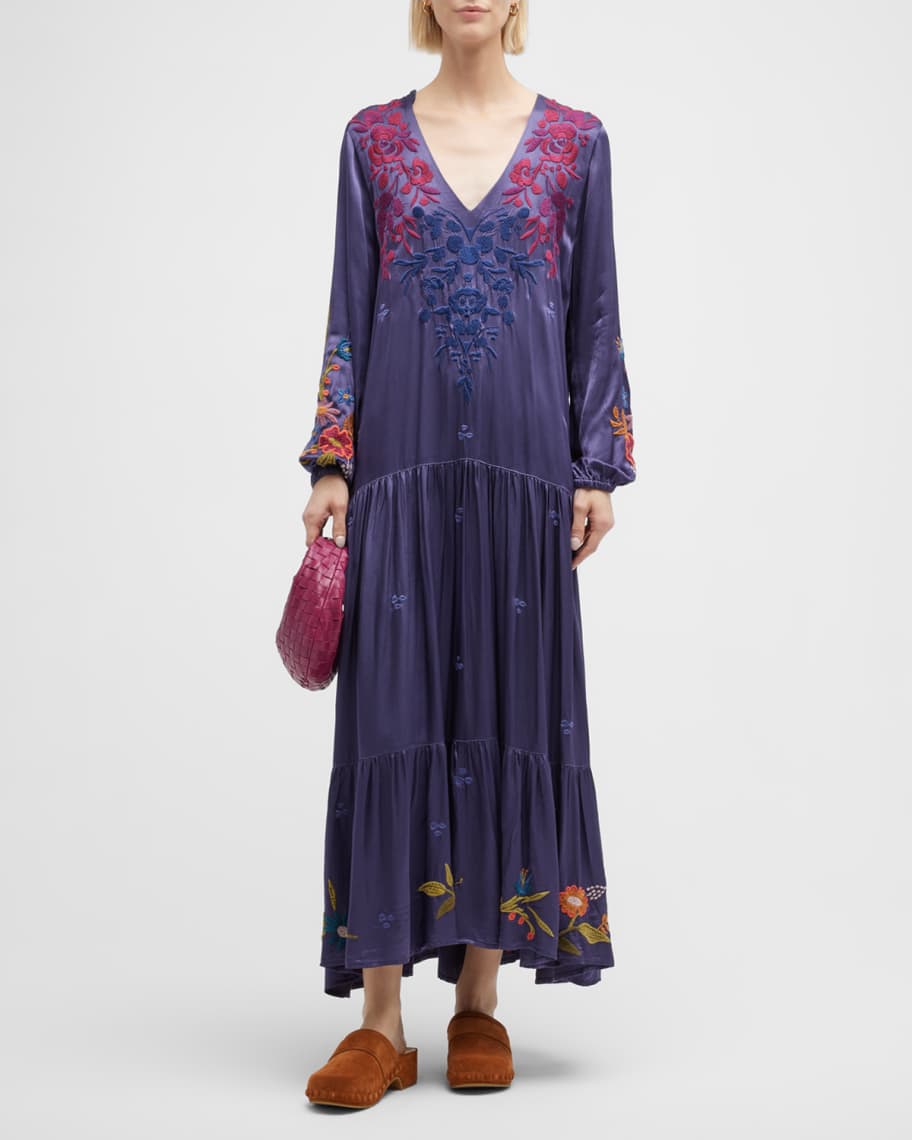 Johnny Was Tuscan Tiered Floral-Embroidered Maxi Dress | Neiman Marcus