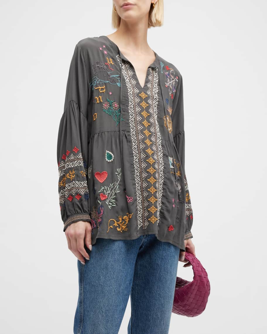 Johnny Was Wonder Embroidered Blouson-Sleeve Blouse | Neiman Marcus