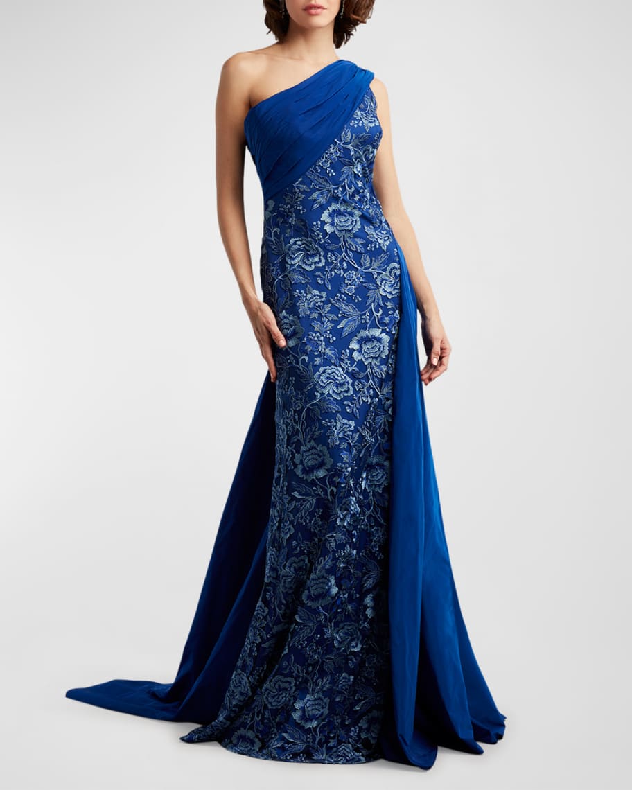 Tadashi Shoji Ruched One-Shoulder Floral-Embroidered Gown | Neiman Marcus