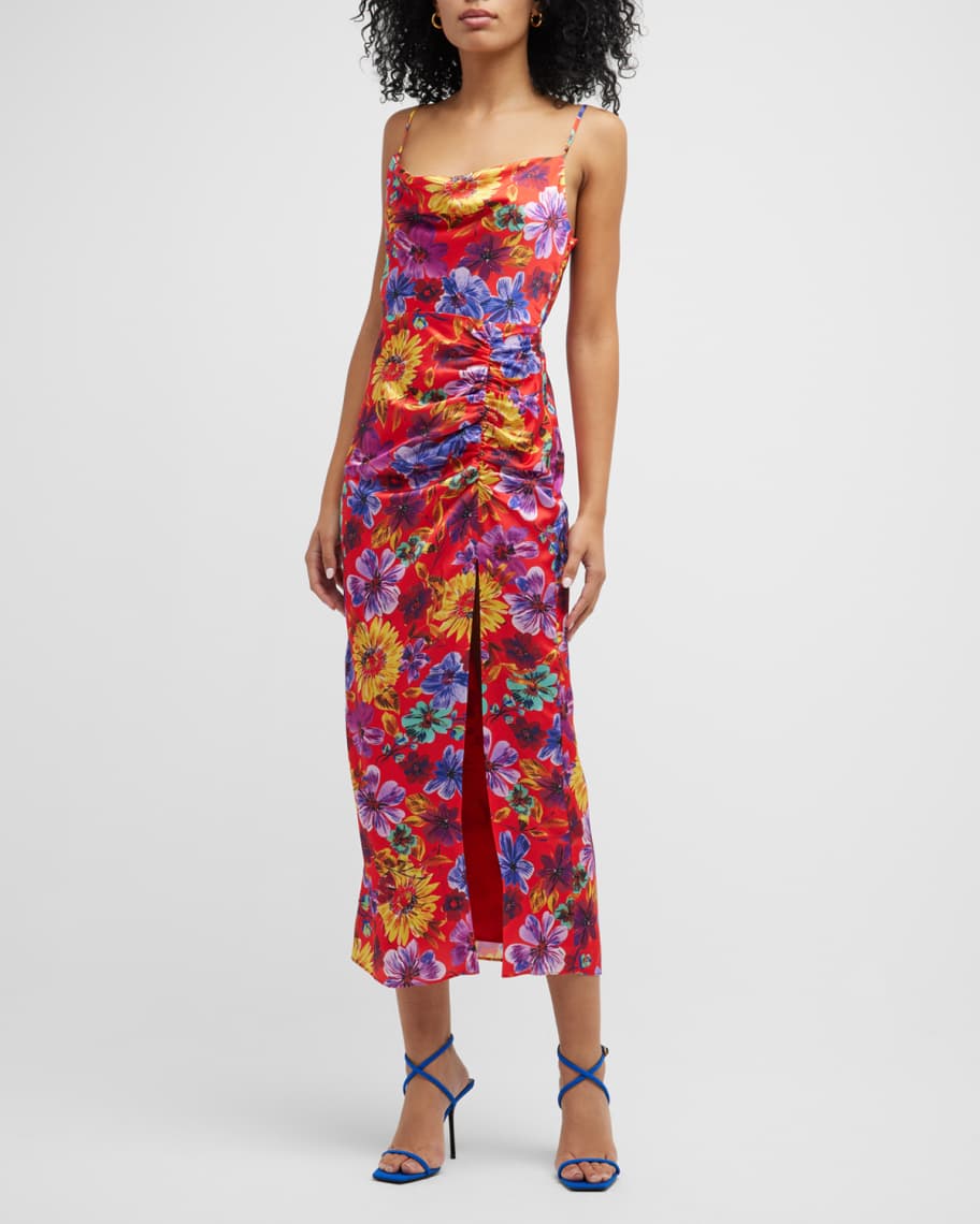 Milly Lilliana Ruched Floral-Print Midi Dress | Neiman Marcus