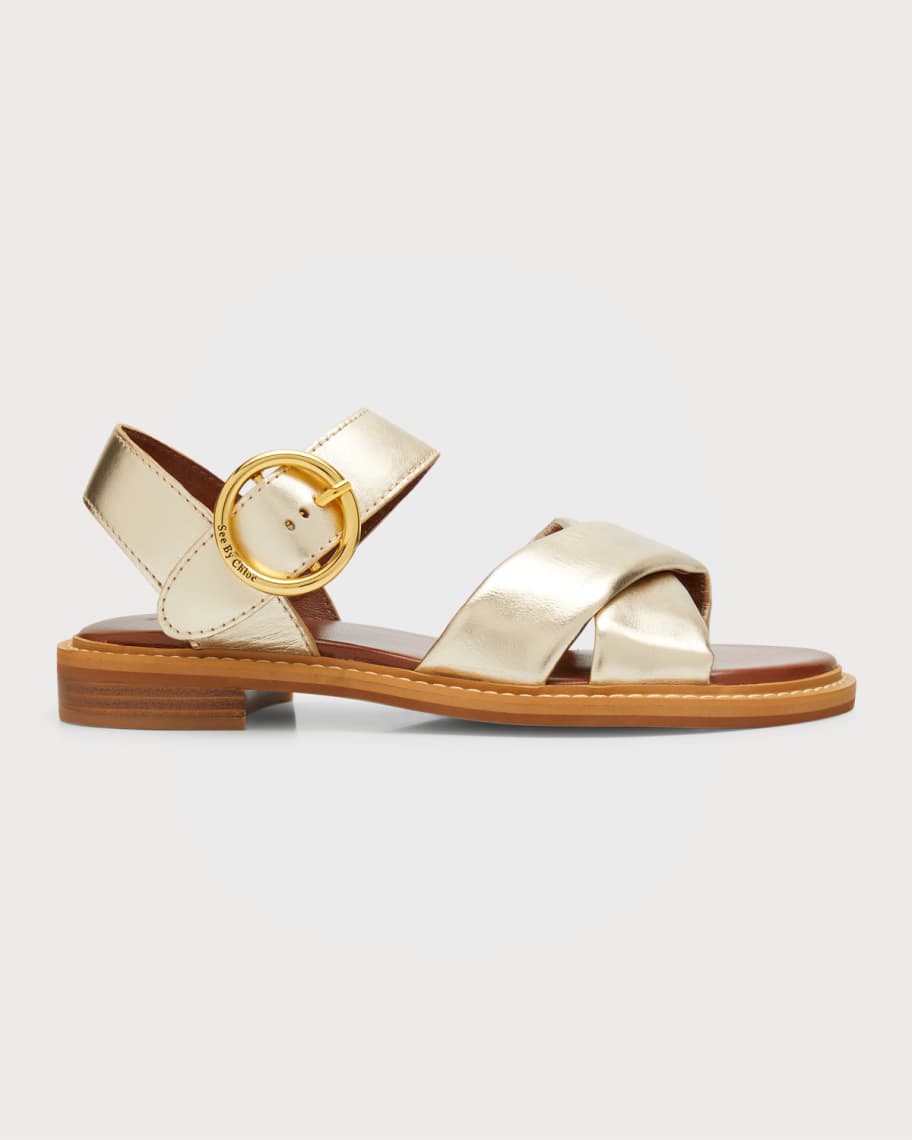 See by Chloe Lyna Metallic Crisscross Ankle-Strap Sandals | Neiman 