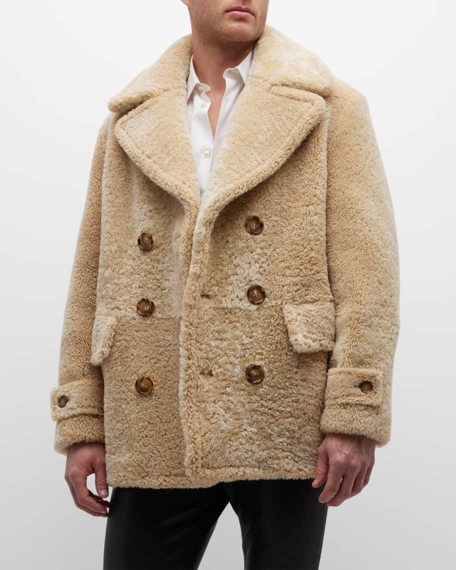Mens Top Designer Double Breasted Leather Fur Shearling Coat