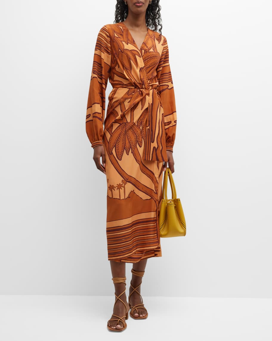 Johanna Ortiz Ancient Societies Palm-Print Long-Sleeve Midi Wrap Dress ...