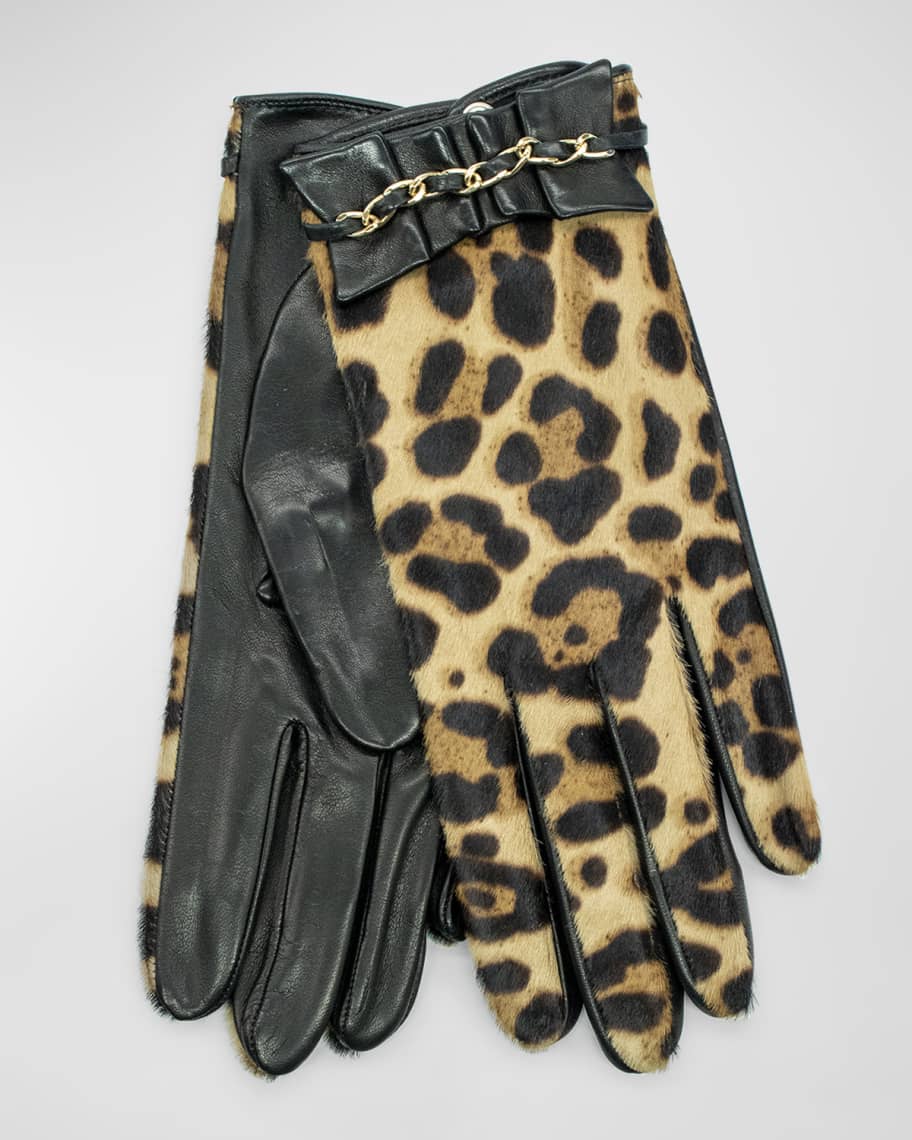 Portolano Ruffle Chain Leopard-Print Nappa Leather Gloves | Neiman Marcus