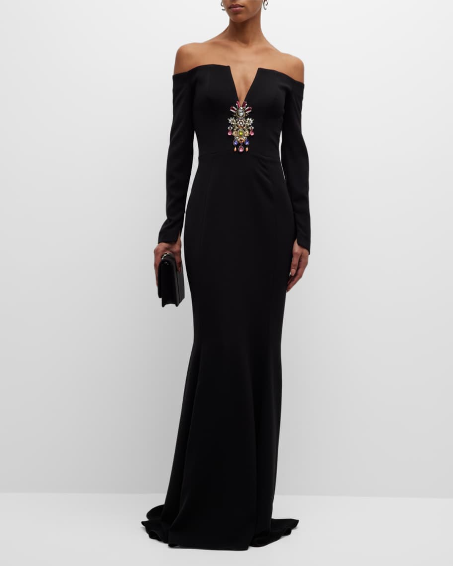 Split-V Crystal Embellished Off-The-Shoulder Cady Gown