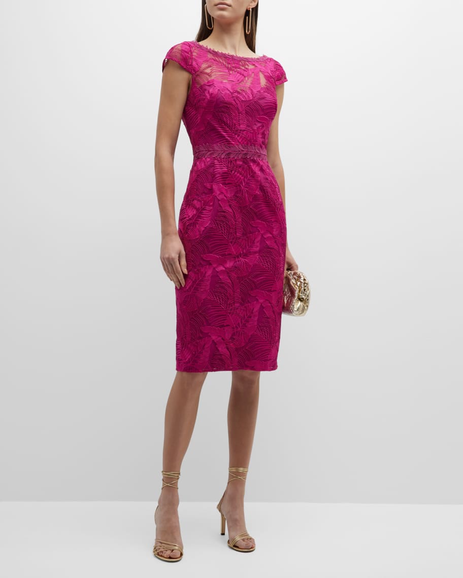 Marchesa Notte Cap-Sleeve Embroidered Tulle Midi Dress | Neiman Marcus