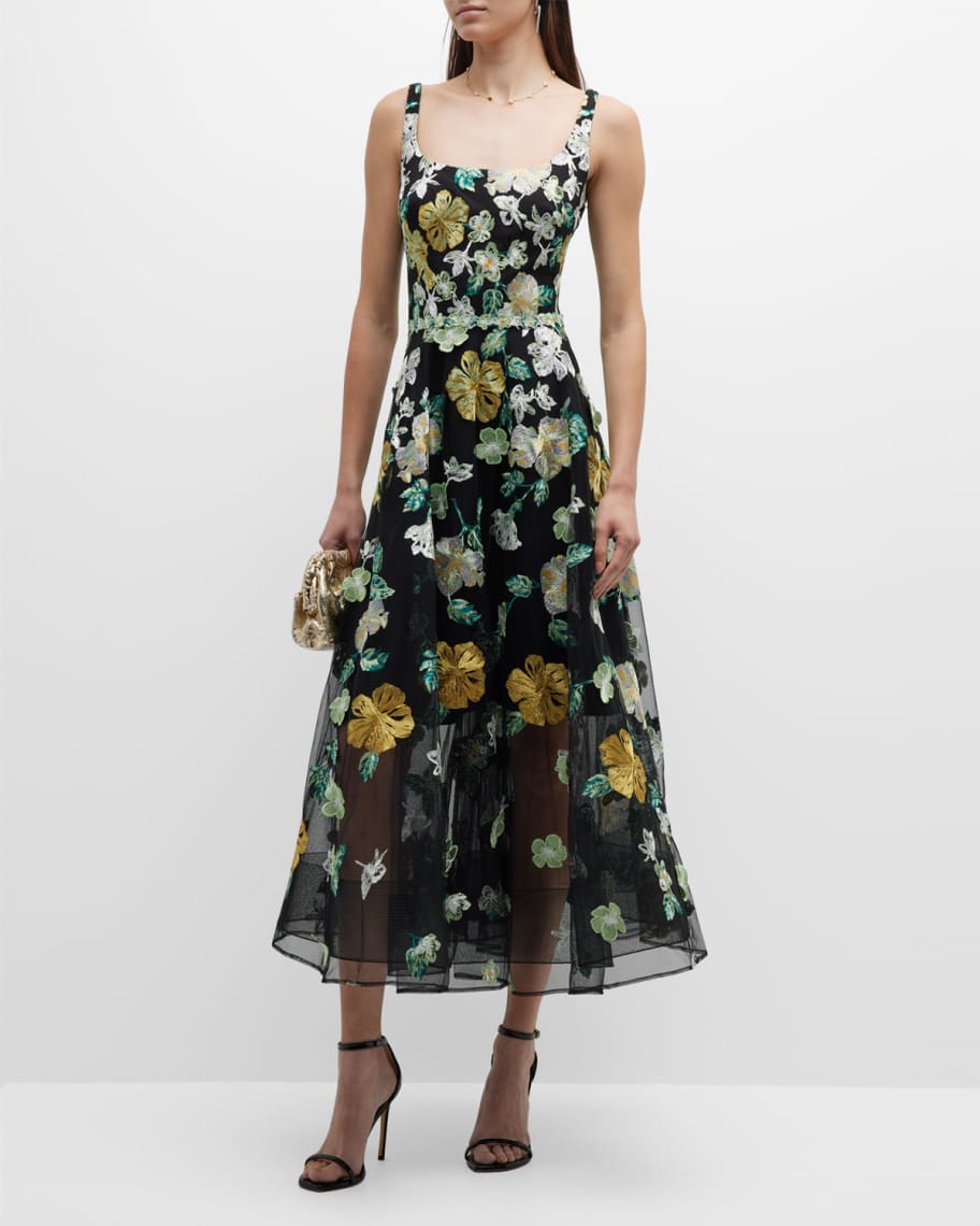 Marchesa Notte Floral-Embroidered Tulle Midi Dress | Neiman Marcus