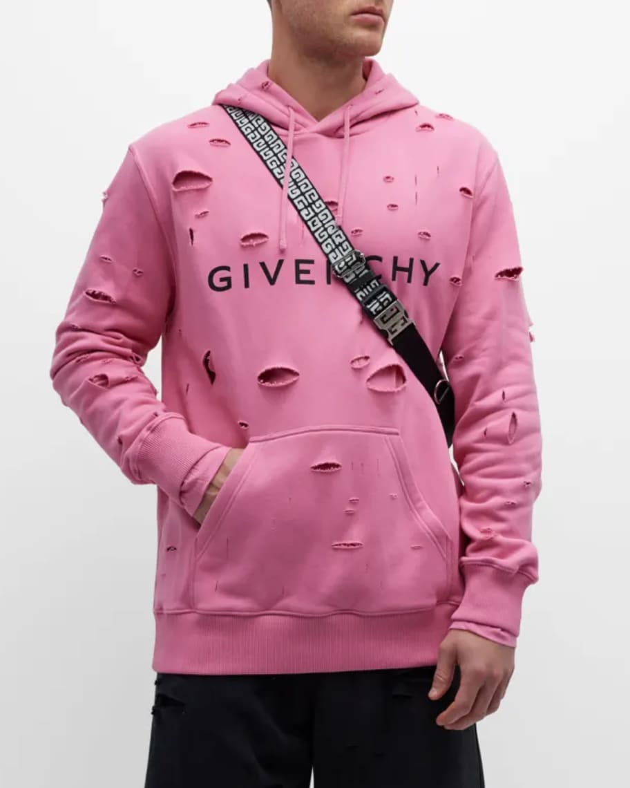 Givenchy Men's Destroyed Logo Pullover Hoodie | Neiman Marcus