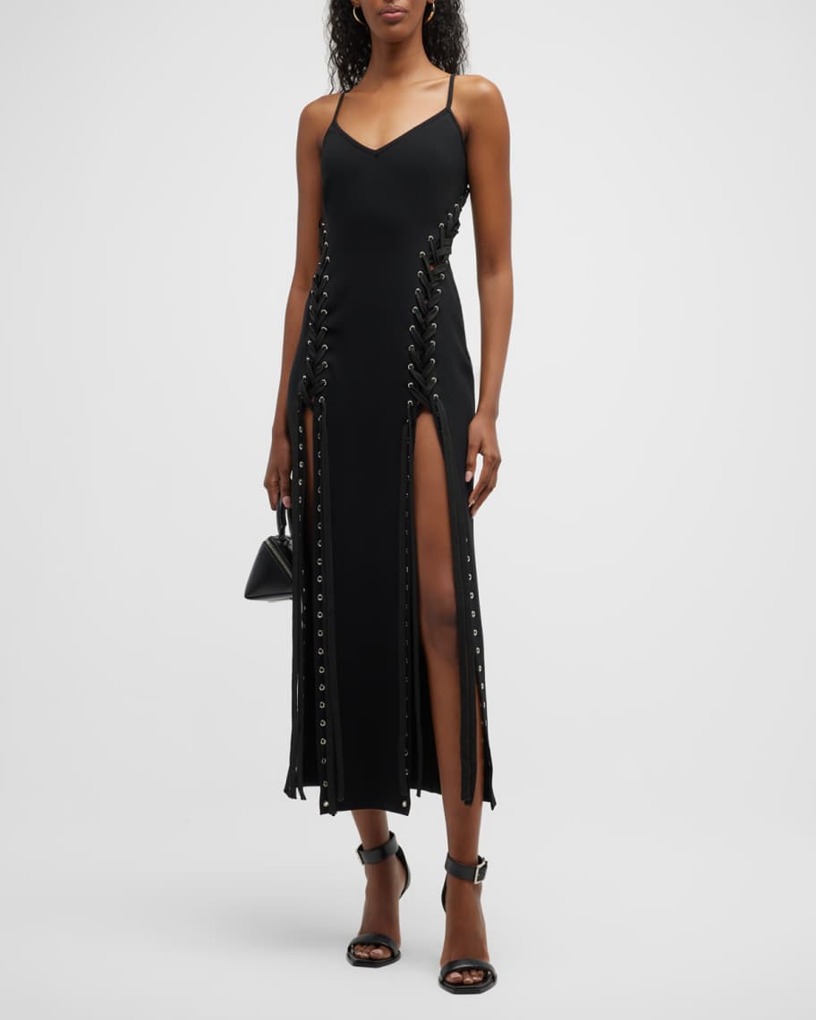 UNTTLD Areto Lace-Up Thigh-Slit Midi Dress | Neiman Marcus