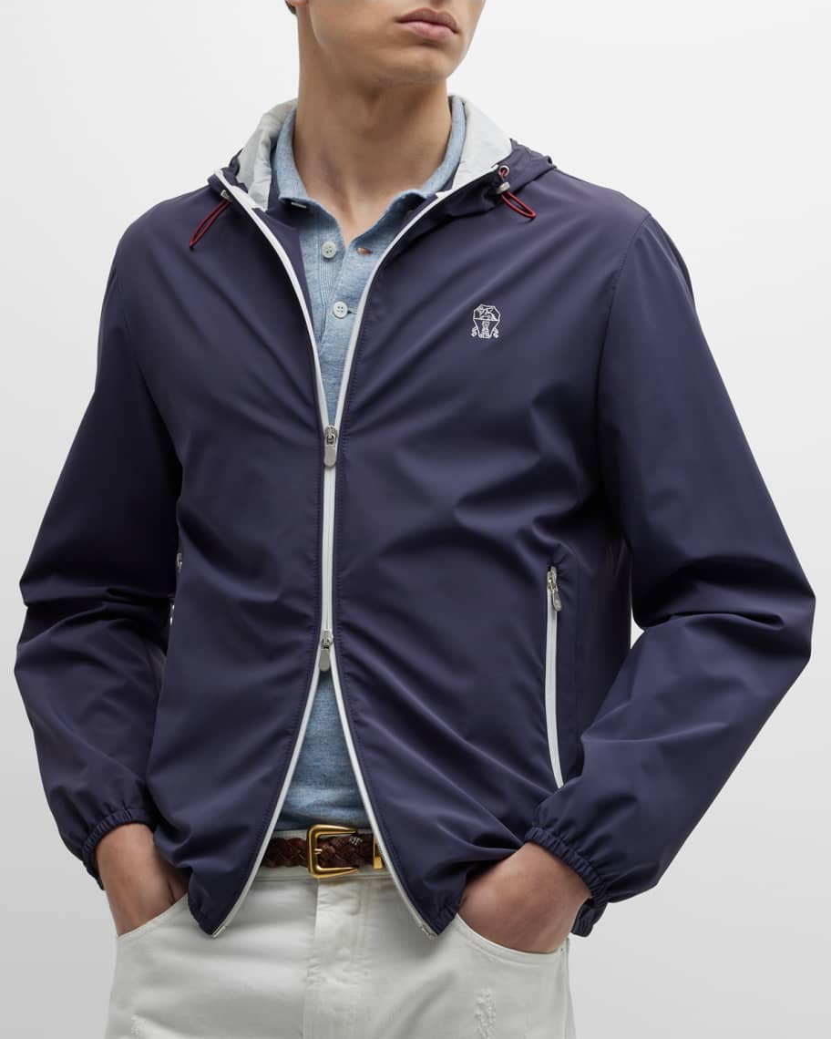 Brunello Cucinelli Men's Full-Zip Nylon Hooded Jacket | Neiman Marcus