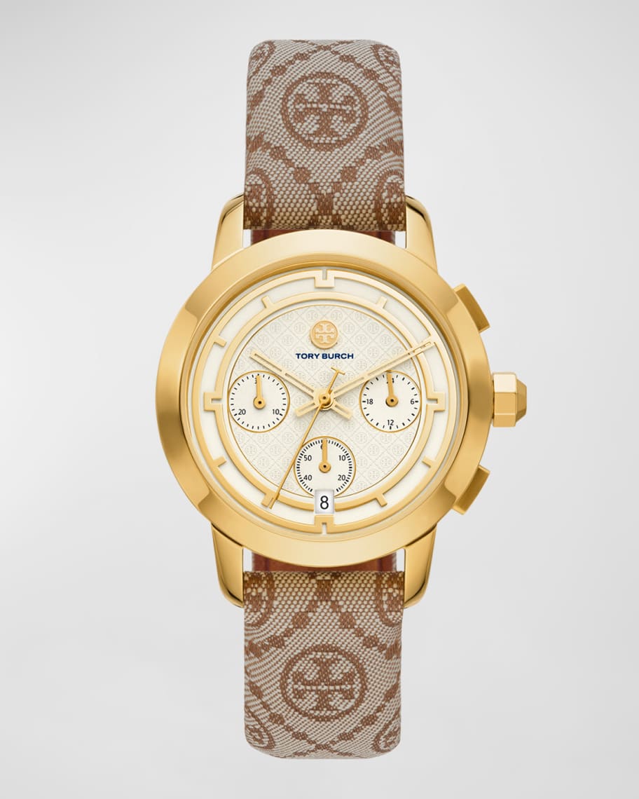 Tory Burch トリーバーチ GOLD-TONE STAINLESS Leather Watch Tory Burch The Tory Chronograph Watch with Hazelnut Jacquard