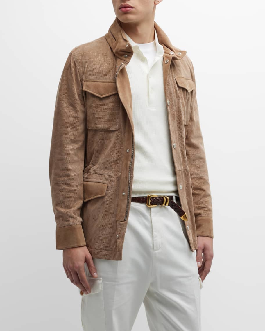 Brunello Cucinelli Men's Perforated Suede Safari Jacket | Neiman Marcus