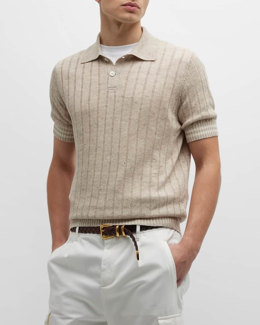 Brunello Cucinelli Men's Linen-Cotton Rib Knit Polo Sweater
