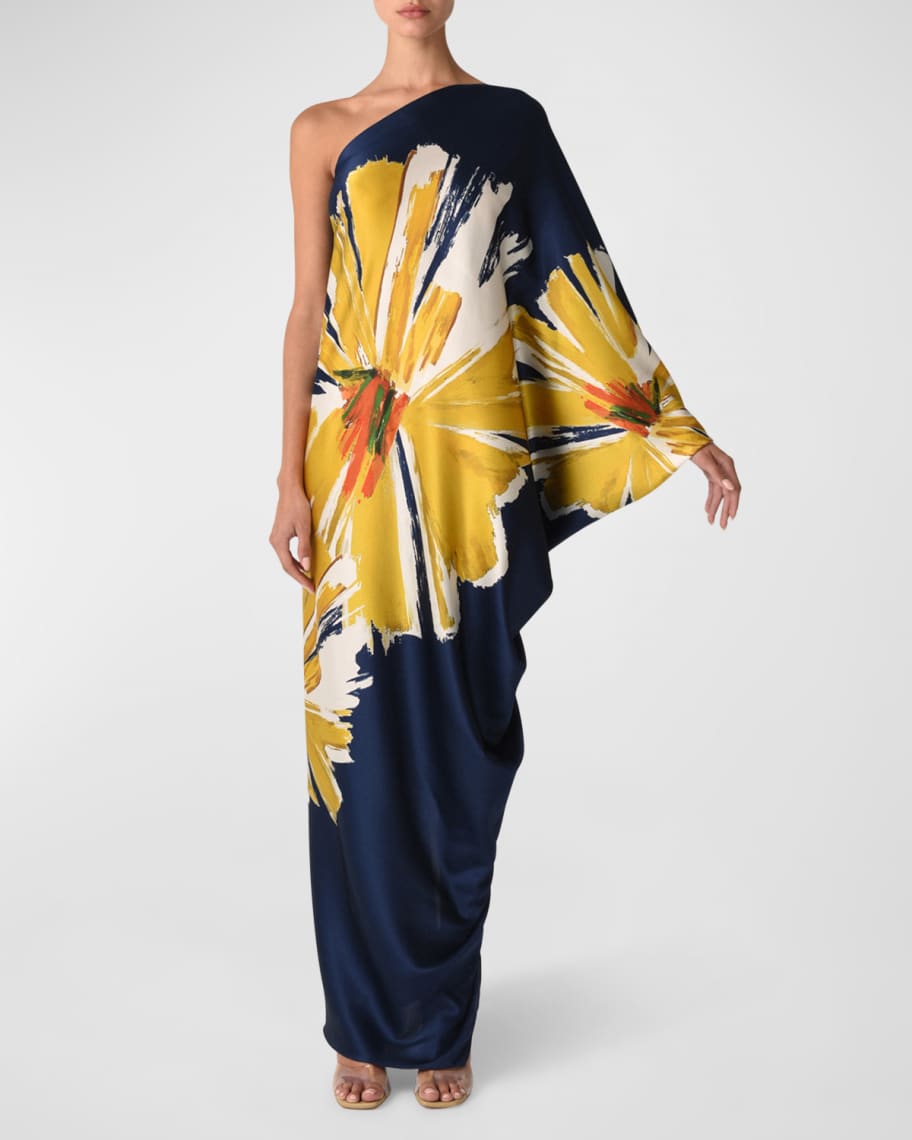 Silvia Tcherassi Inu Flower-Print One-Shoulder Silk Gown | Neiman