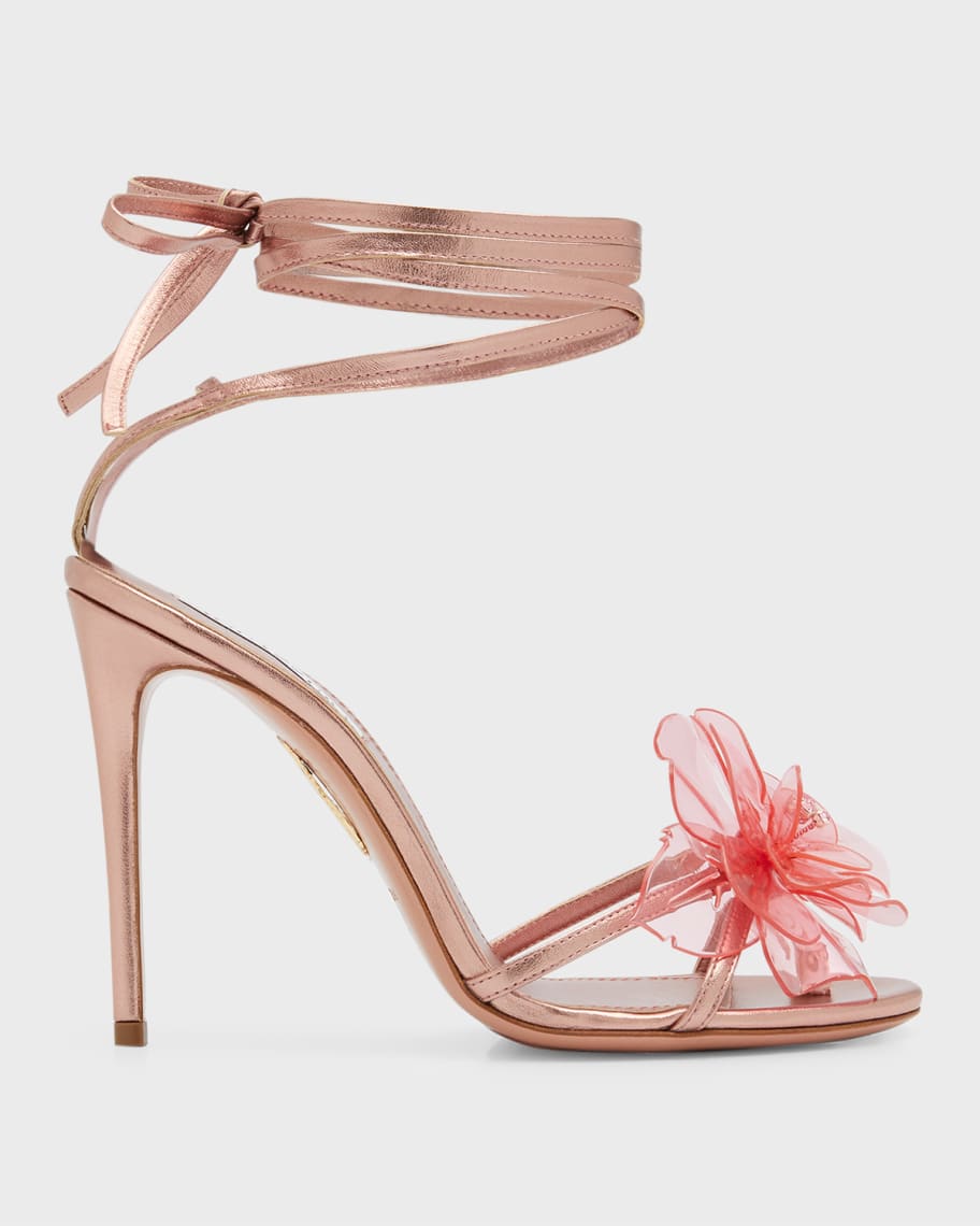 Aquazzura Zsa Zsa Metallic Flower Ankle-Wrap Sandals | Neiman Marcus