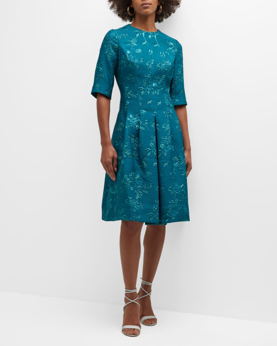 Rickie Freeman for Teri Jon Pleated ElbowSleeve Jacquard Midi Dress
