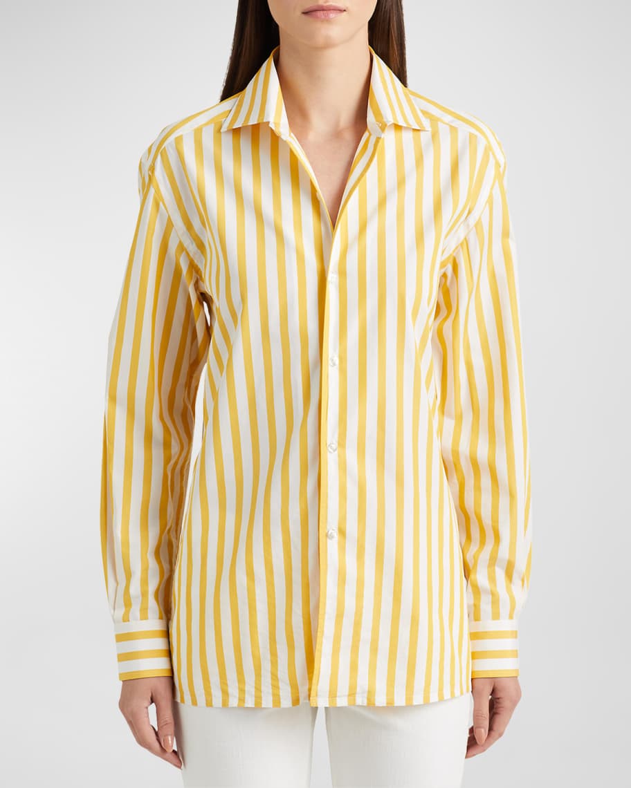 CHANEL Vintage CC Logo Stripe Button Up Shirt Top Blue Yellow